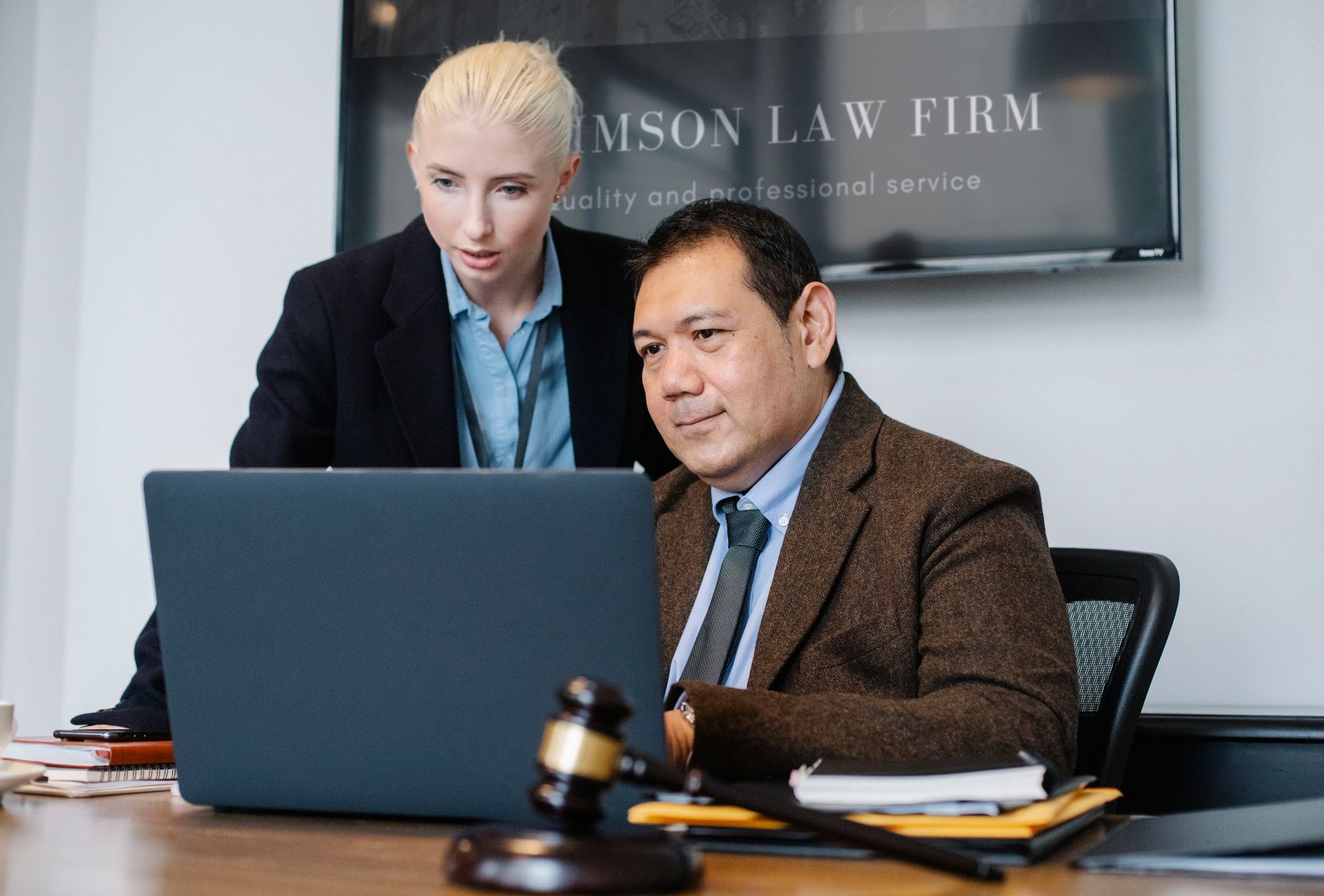 Legal professionals discussing a case