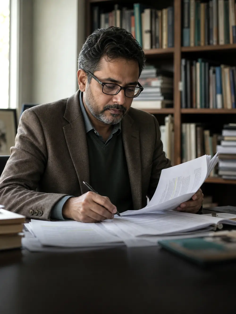A university professor reviewing and annotating research papers in an academic office